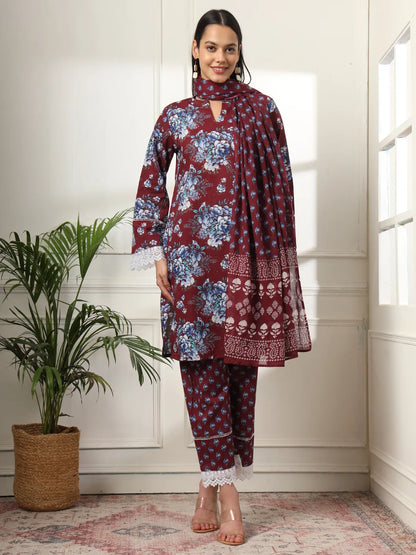 Yufta Maroon Pakistani Cotton Kurta Dupatta Set - Distacart