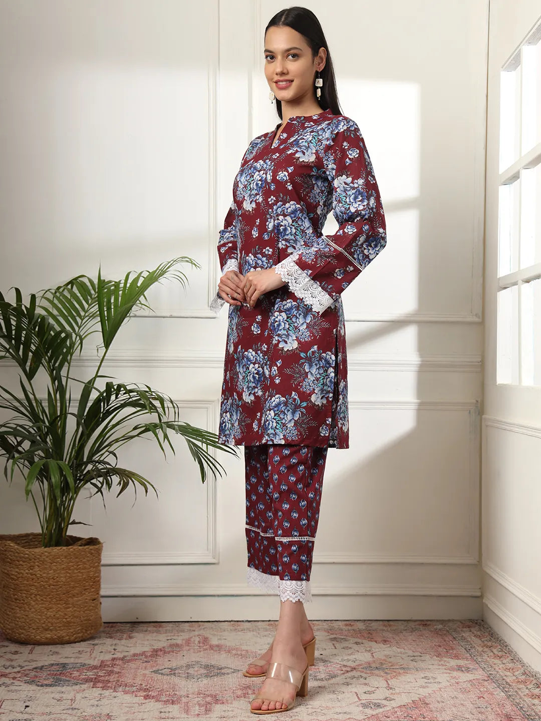 Yufta Maroon Pakistani Cotton Kurta Dupatta Set