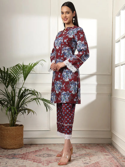 Yufta Maroon Pakistani Cotton Kurta Dupatta Set - Distacart