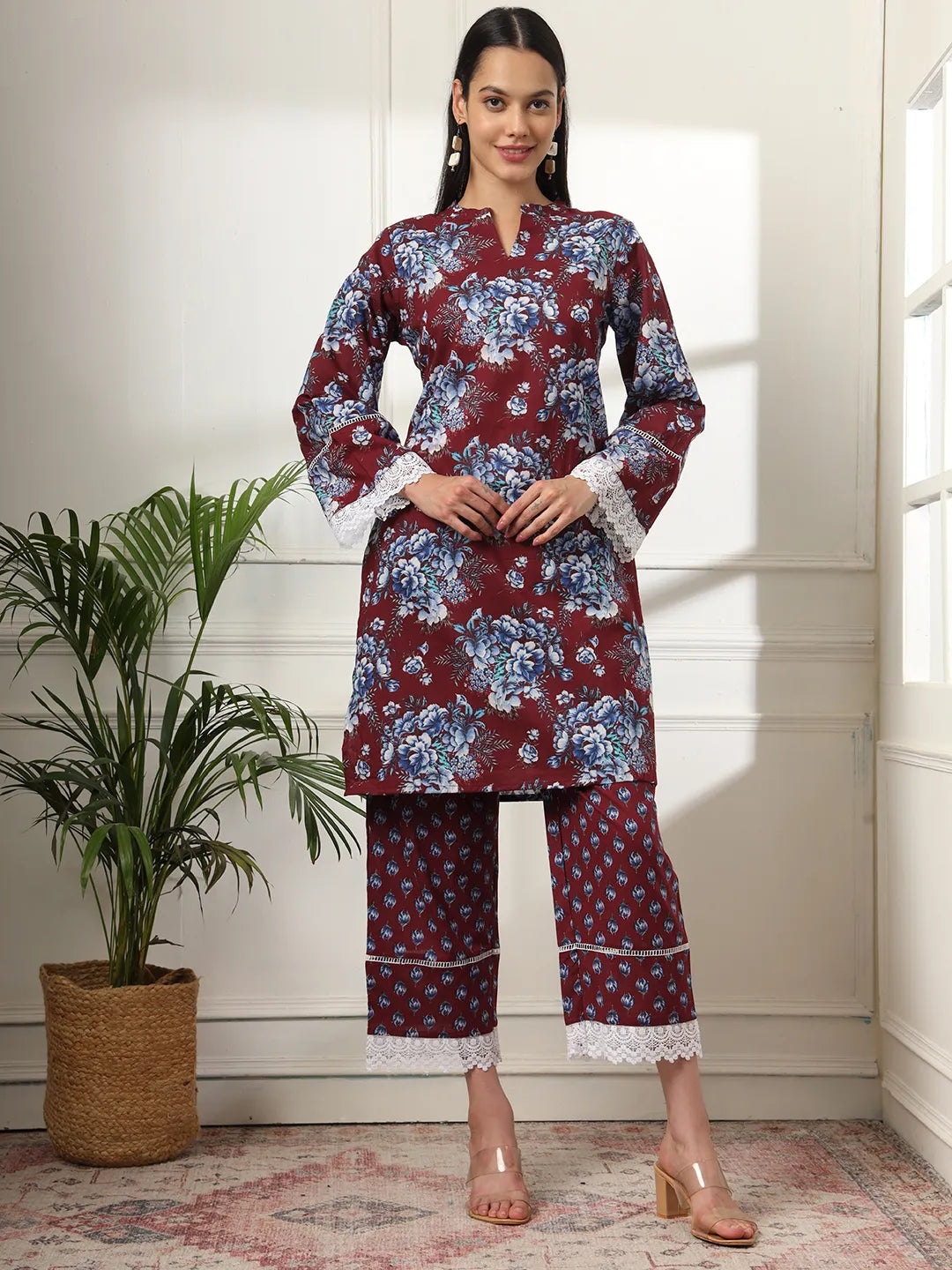 Yufta Maroon Pakistani Cotton Kurta Dupatta Set