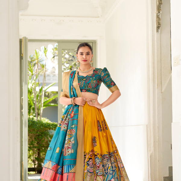 Lorenvalley Yellow Dola Silk Kalamkari Print With Weaving Border Lehenga Choli - Distacart