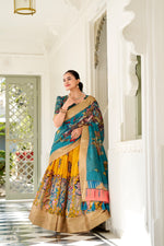 Thumbnail for Lorenvalley Yellow Dola Silk Kalamkari Print With Weaving Border Lehenga Choli - Distacart