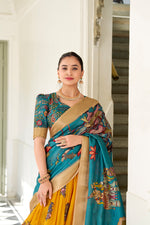 Thumbnail for Lorenvalley Yellow Dola Silk Kalamkari Print With Weaving Border Lehenga Choli - Distacart
