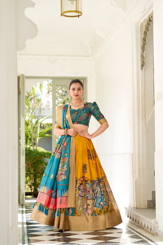Lorenvalley Yellow Dola Silk Kalamkari Print With Weaving Border Lehenga Choli - Distacart