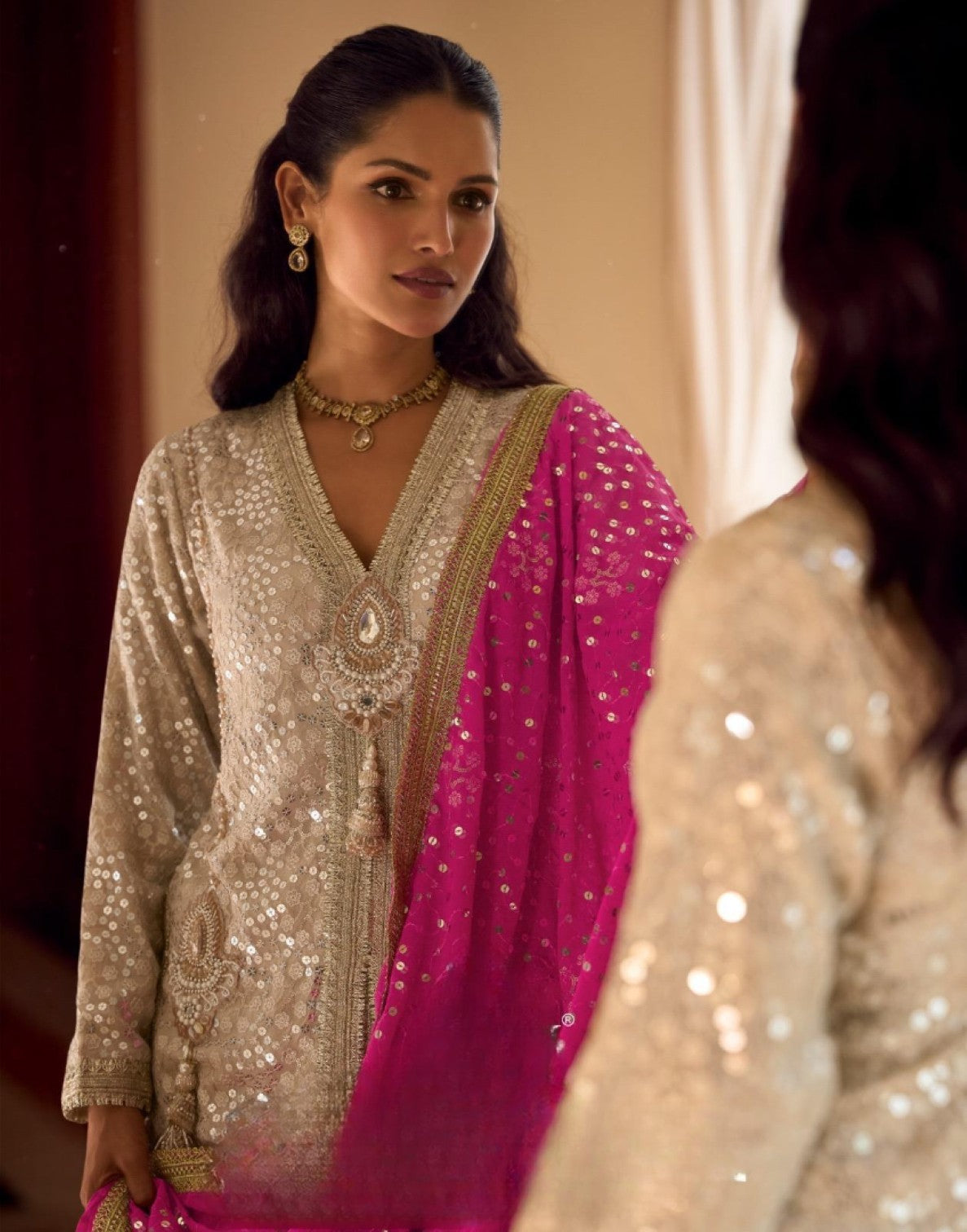 Anaita Cream Georgette Stitched Suit With Embroidery & Beats Work - Dista