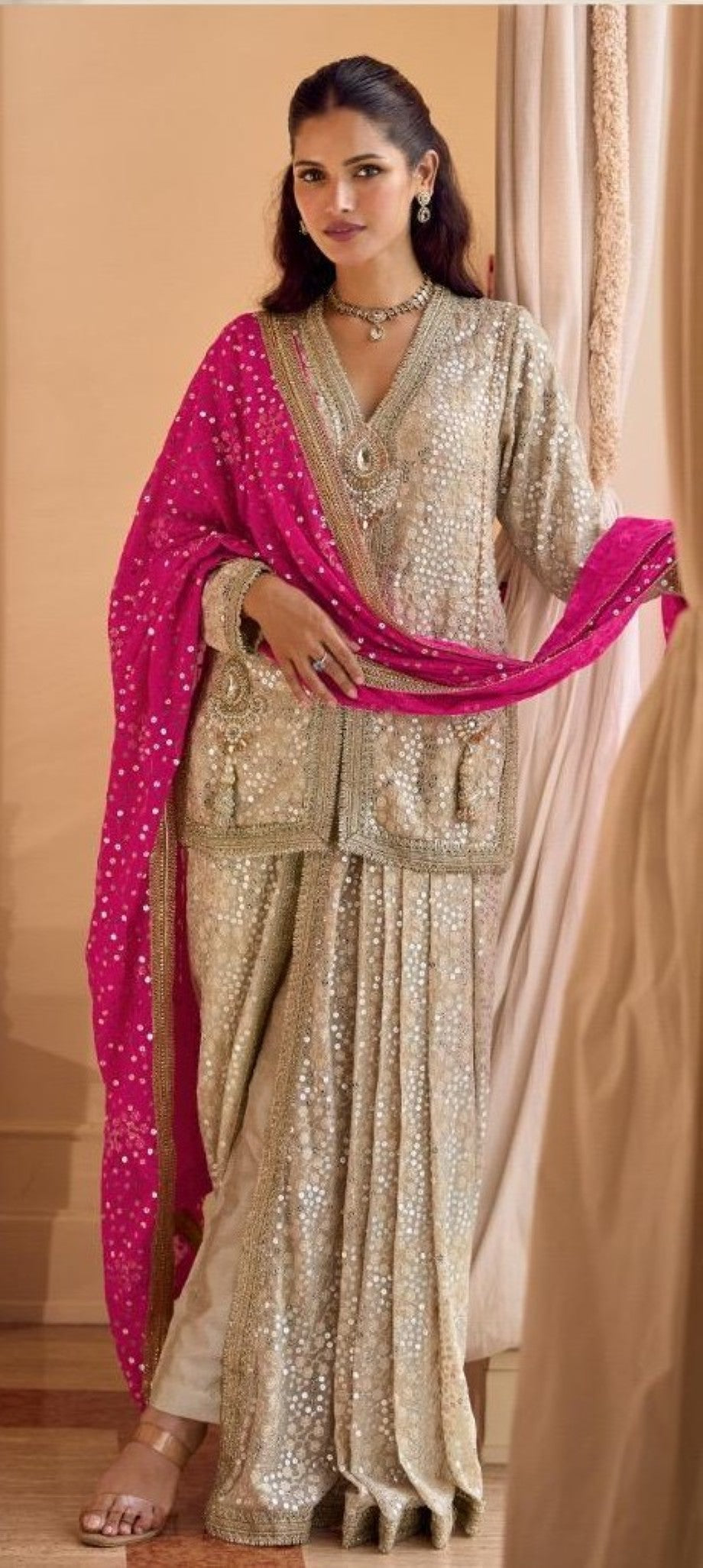 Anaita Cream Georgette Stitched Suit With Embroidery & Beats Work - Dista