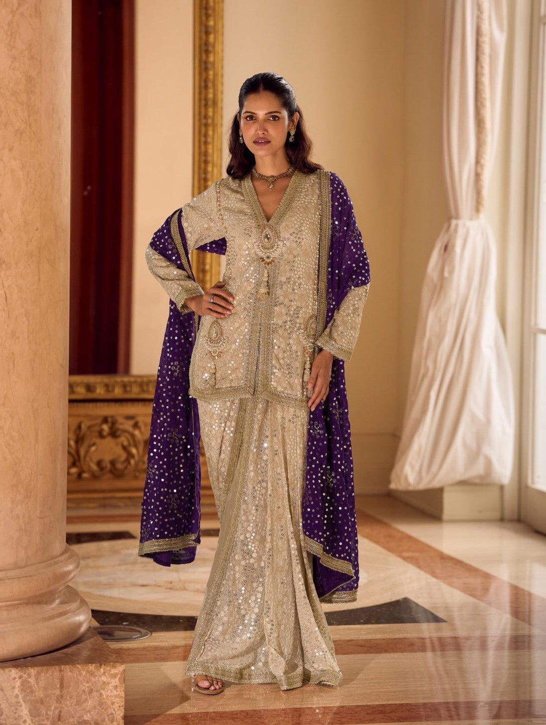 Anaita Cream Georgette Stitched Suit With Embroidery & Beats Work - Dista