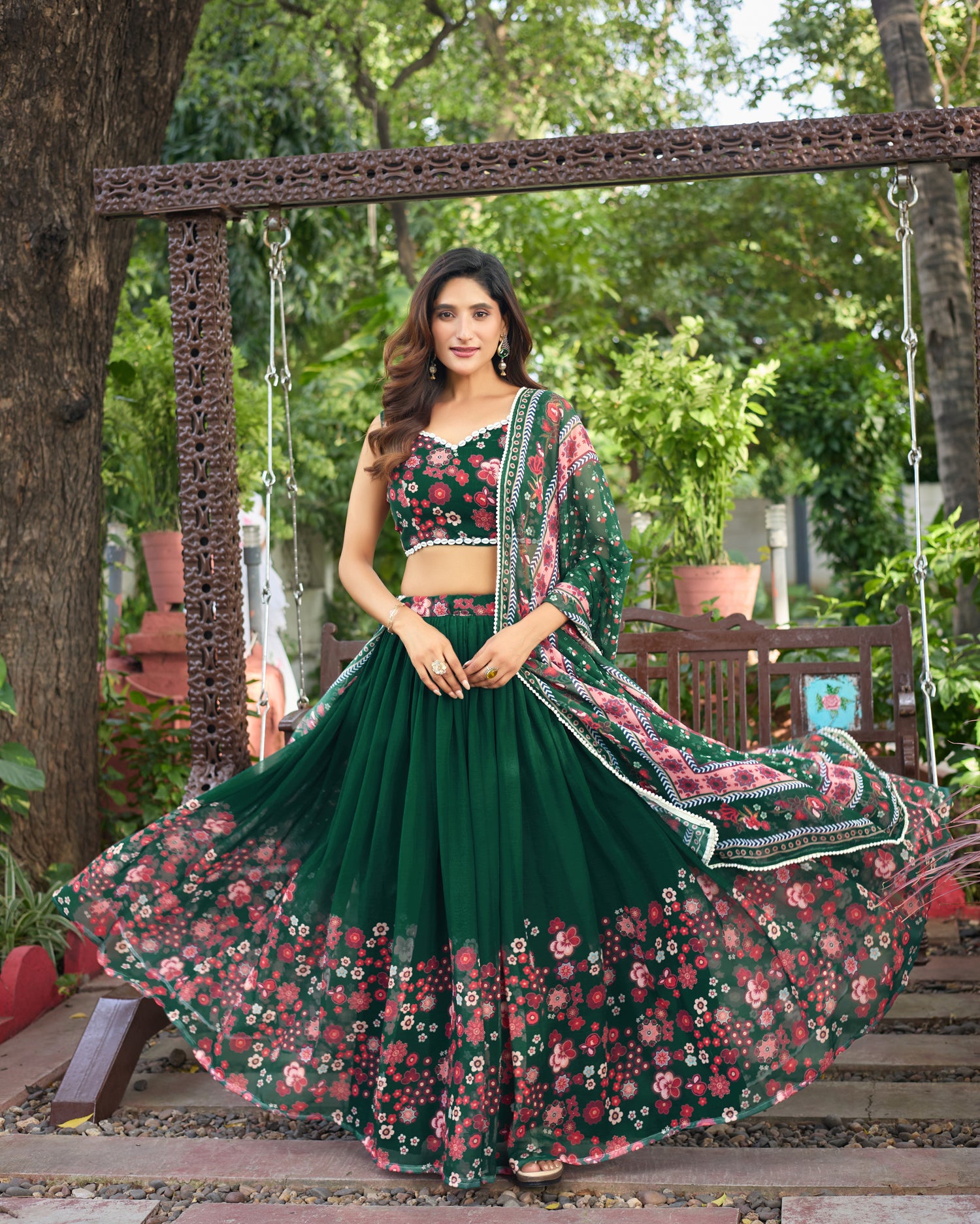 Lorenvalley Fashion Green Georgette Digital Printed Lehenga Choli with Dupatta
