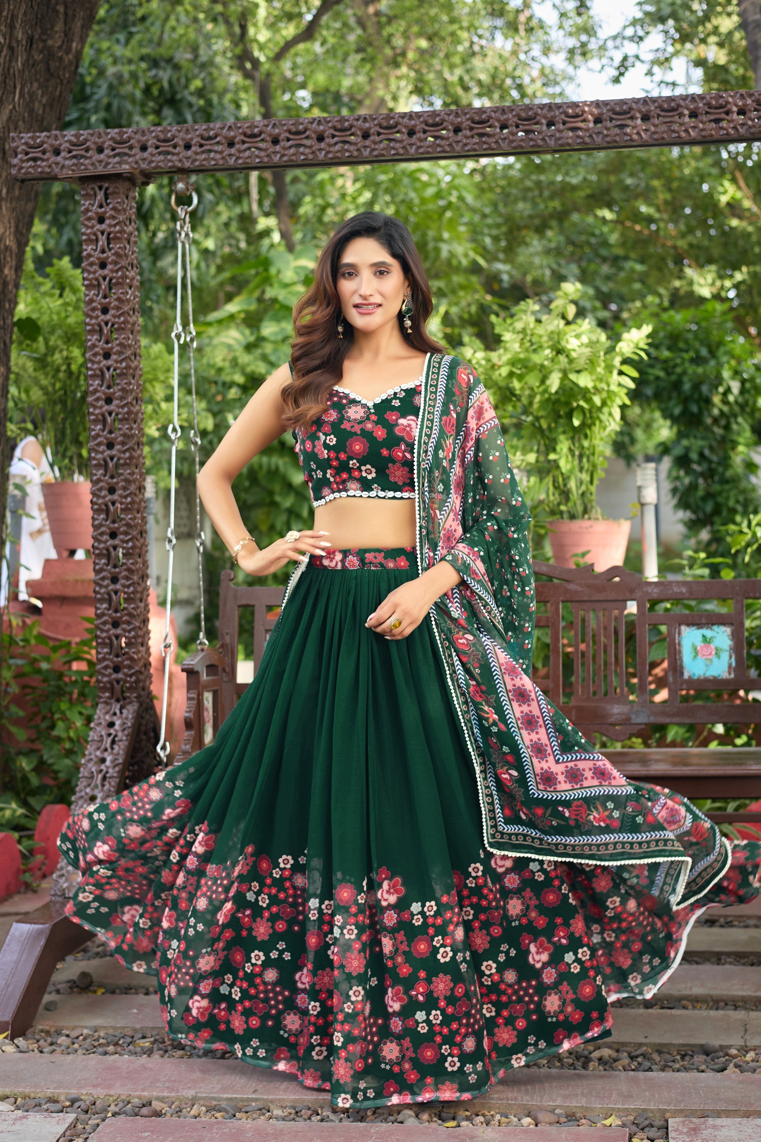 Lorenvalley Fashion Green Georgette Digital Printed Lehenga Choli with Dupatta