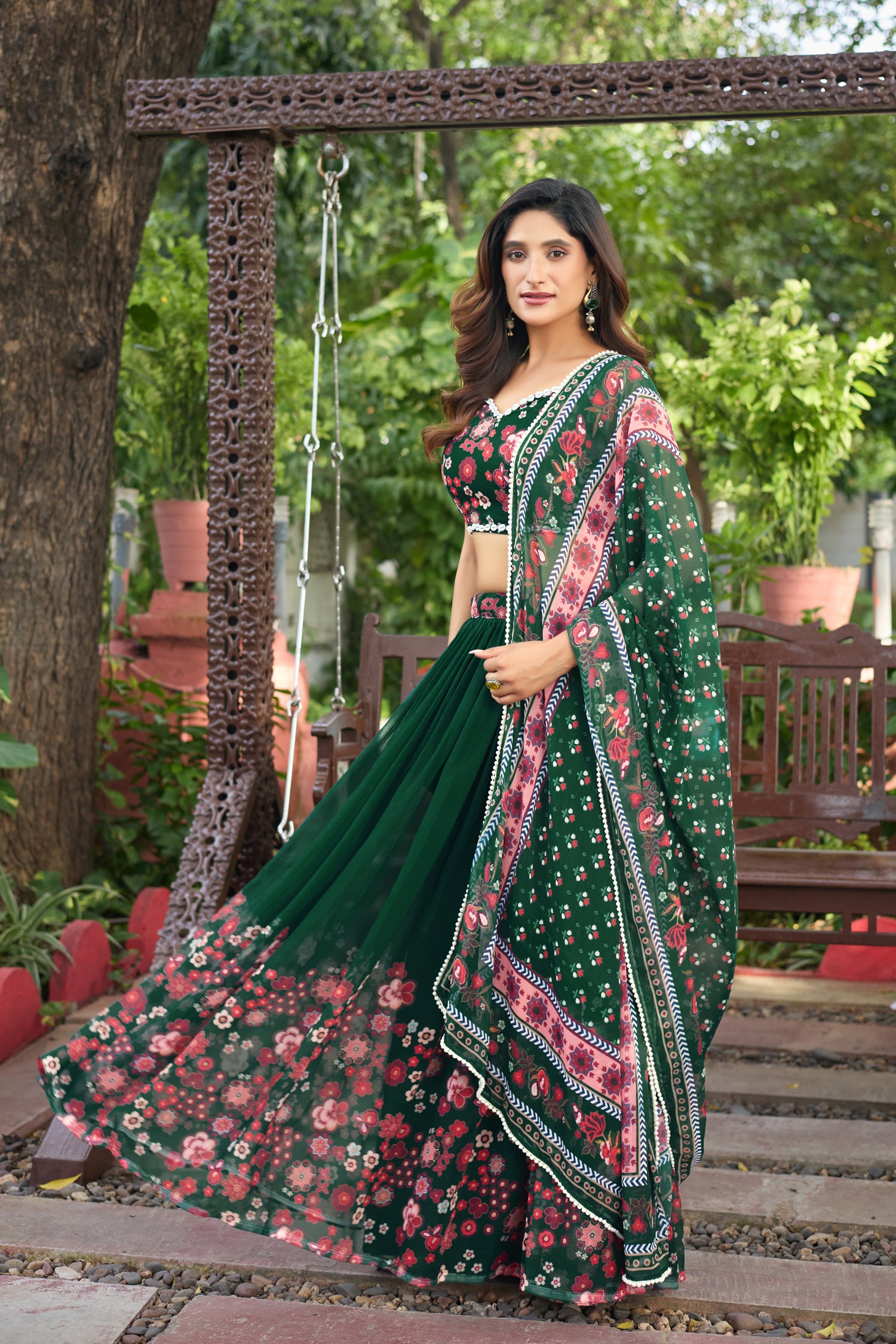 Lorenvalley Fashion Green Georgette Digital Printed Lehenga Choli with Dupatta