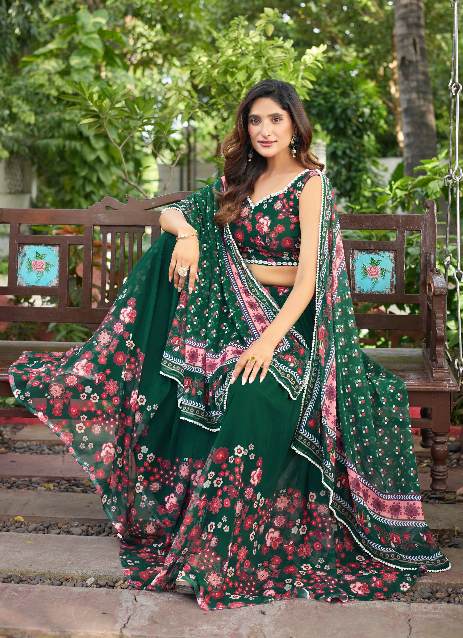 Lorenvalley Fashion Green Georgette Digital Printed Lehenga Choli with Dupatta