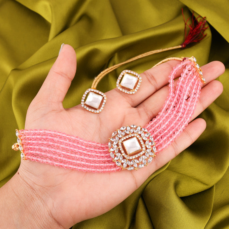 Tehzeeb Creations Brass Gold-Polished Gold, Pink, White Jewel Set - Distacart