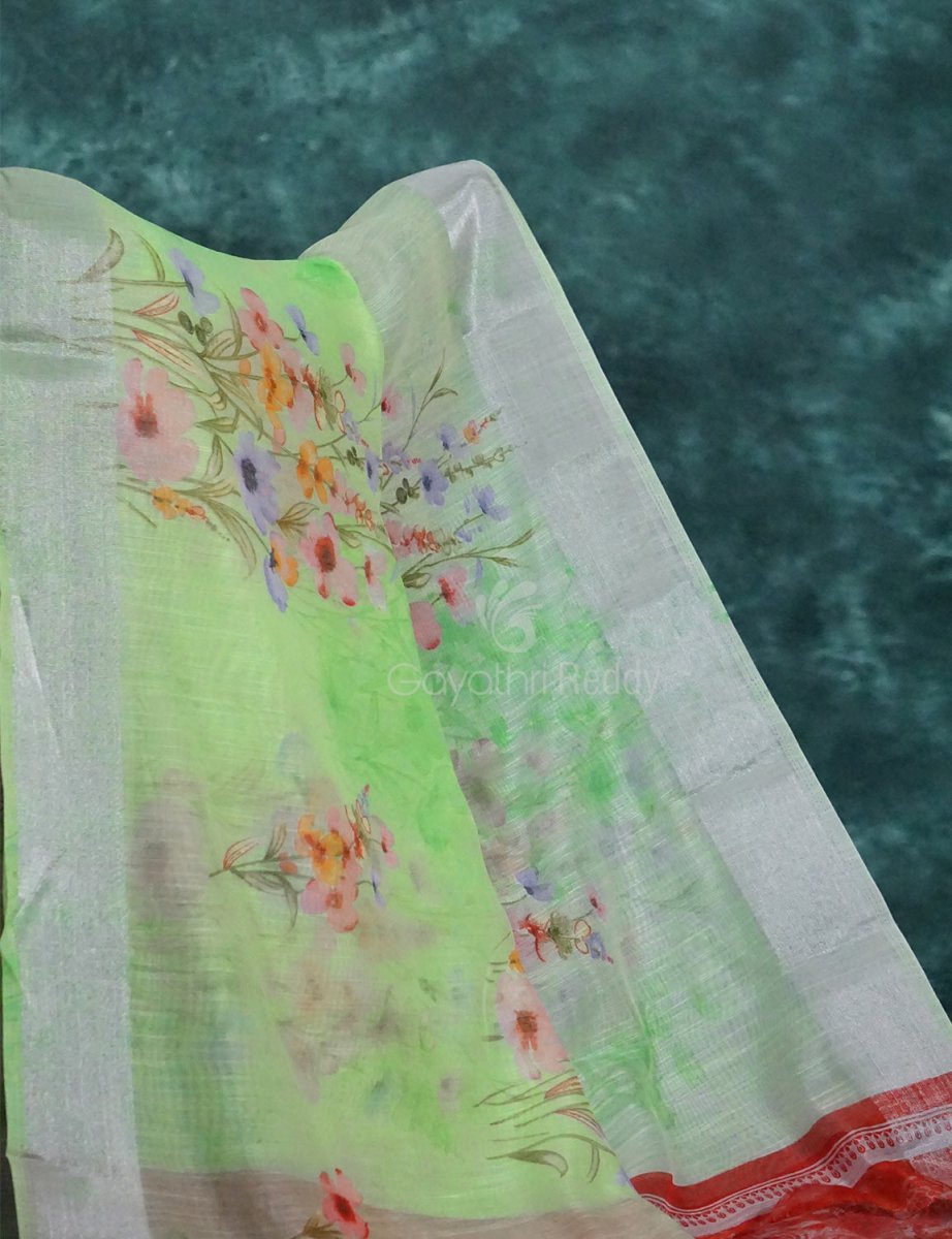 Baby Apple Green Colour Floral Printed Semi Chanderi Saree By Gayathri Reddy Designer Studio - Distacart