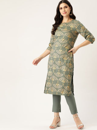 All About You Women Grey & Golden Ethnic Motifs Print Kurta with Trousers - Distacart