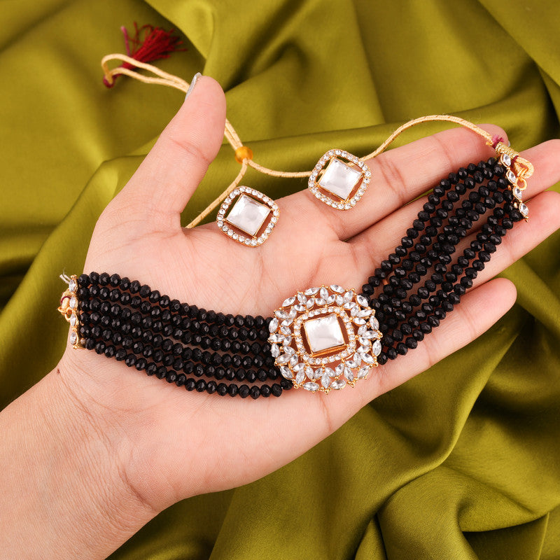 Tehzeeb Creations Brass Gold-Polished Gold, Black, White Jewel Set   - Distacart