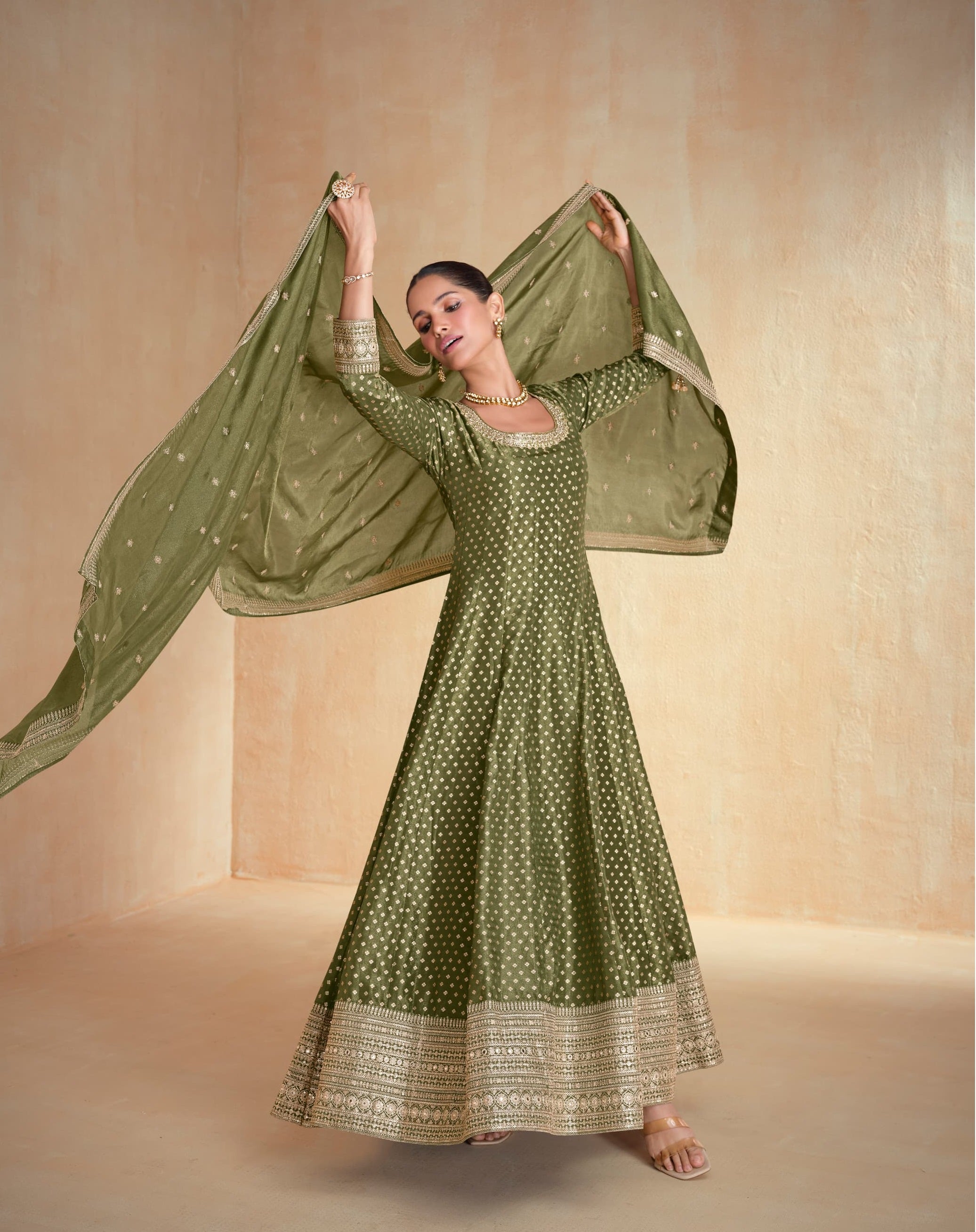 Anaita Olive Green Embroidered Viscose Jacquard Stitched Anarkali Suit - Distacart