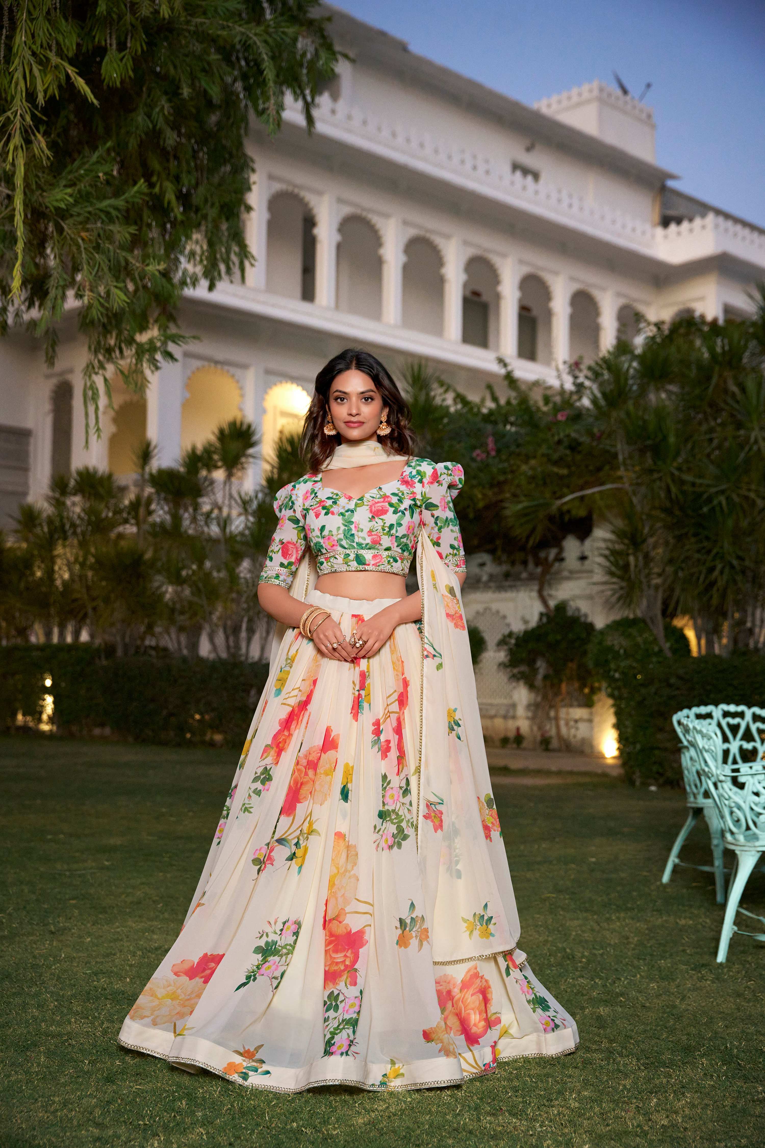 Lorenvalley Fashion Cream Georgette Floral Print With Lace Border Lehenga Choli with Dupatta