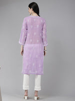 Thumbnail for ADA Women Purple & White Ethnic Motifs Embroidered Chikankari Georgette Kurta - Distacart
