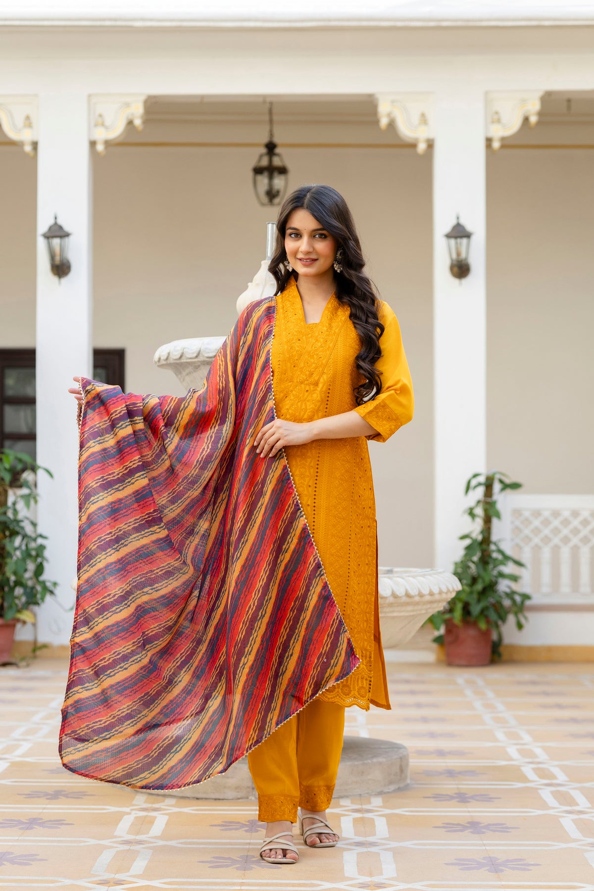 Lorenvalley Fashion Mustard Roman Silk Chikan Kari Work Kurta Pant With Dupatta - Dista