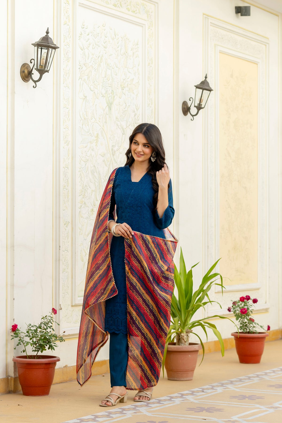 Lorenvalley Fashion Rama Roman Silk Chikan Kari Work Kurta Pant With Dupatta - Dista