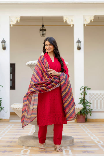 Lorenvalley Fashion Red Roman Silk Chikan Kari Work Kurta Pant With Dupatta - Dista