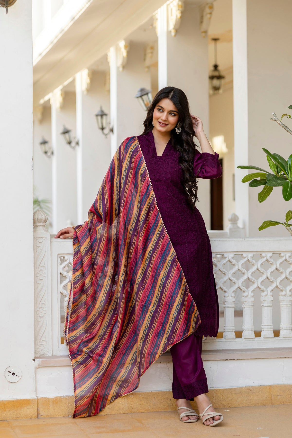 Lorenvalley Fashion Wine Roman Silk Chikan Kari Work Kurta Pant With Dupatta - Dista