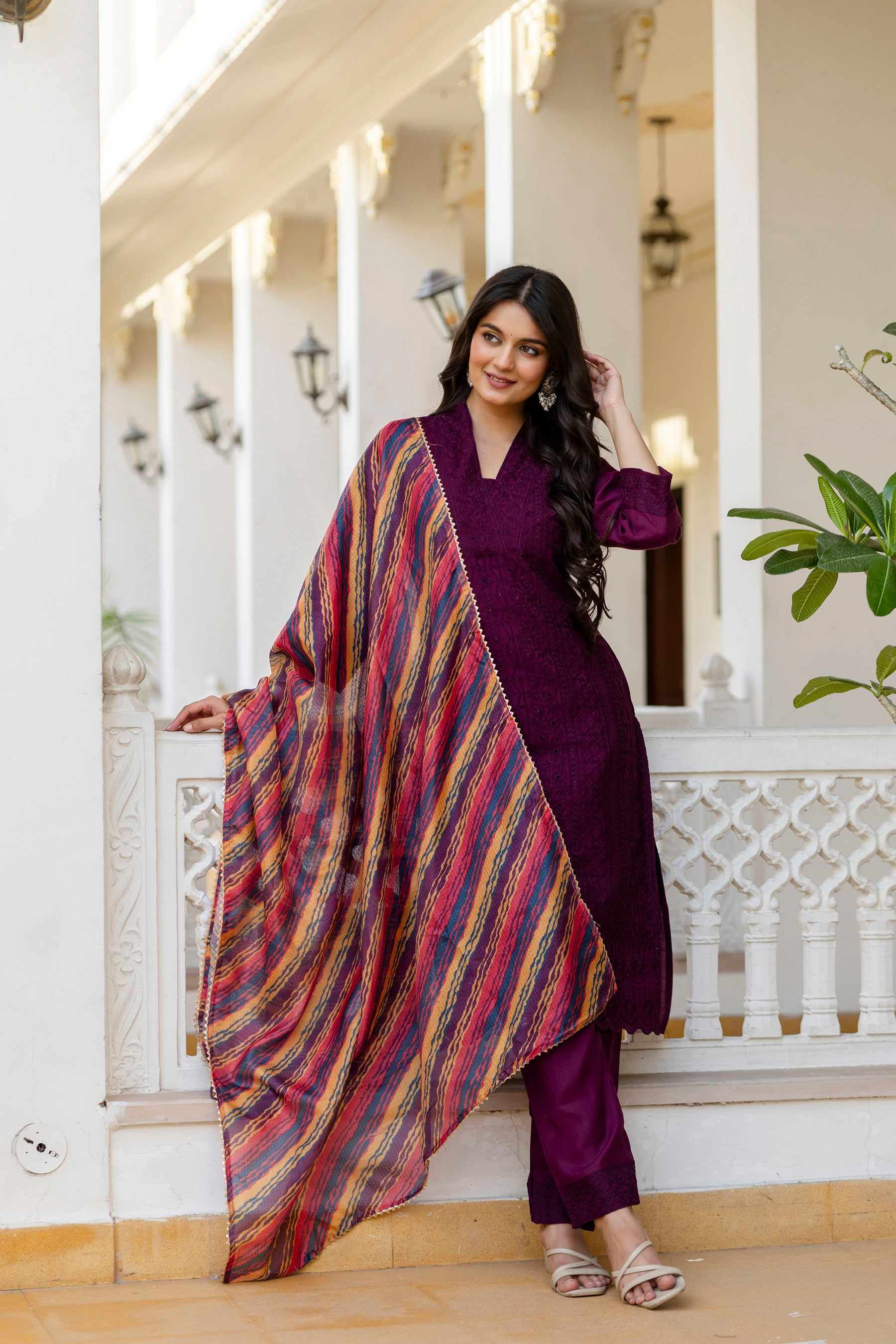 Lorenvalley Fashion Wine Roman Silk Chikan Kari Work Kurta Pant With Dupatta - Dista
