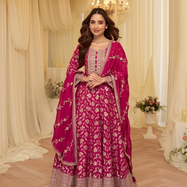 Anaita Pink Chinon Stitched Jacquard Anarkali Suit With Codding Dori & Sequence Work - Distacart
