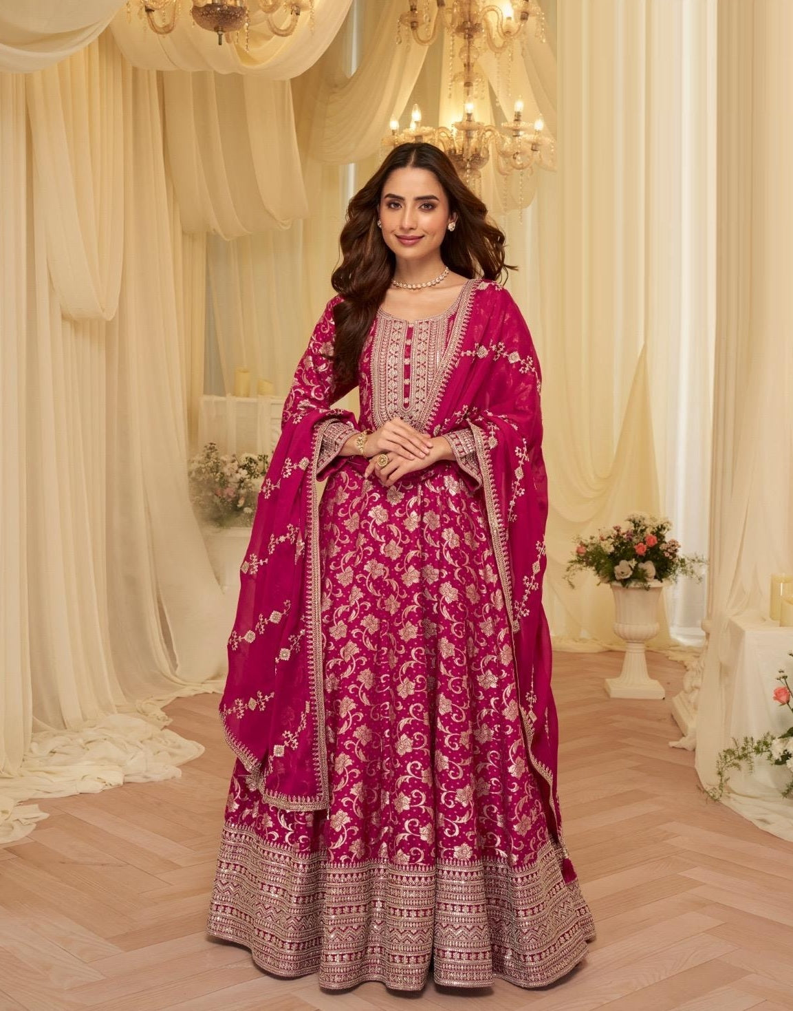 Anaita Pink Chinon Stitched Jacquard Anarkali Suit With Codding Dori & Sequence Work - Distacart