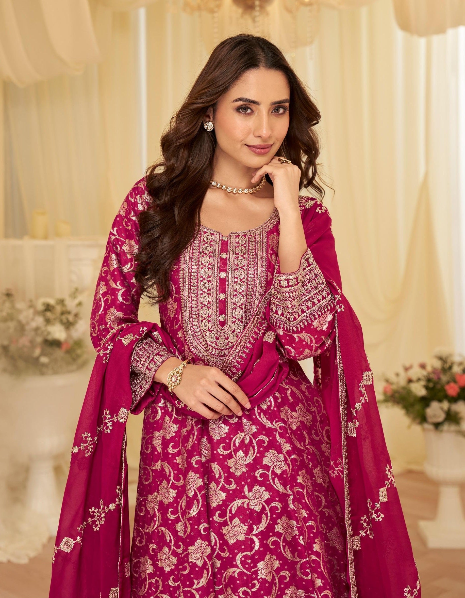Anaita Pink Chinon Stitched Jacquard Anarkali Suit With Codding Dori & Sequence Work - Distacart