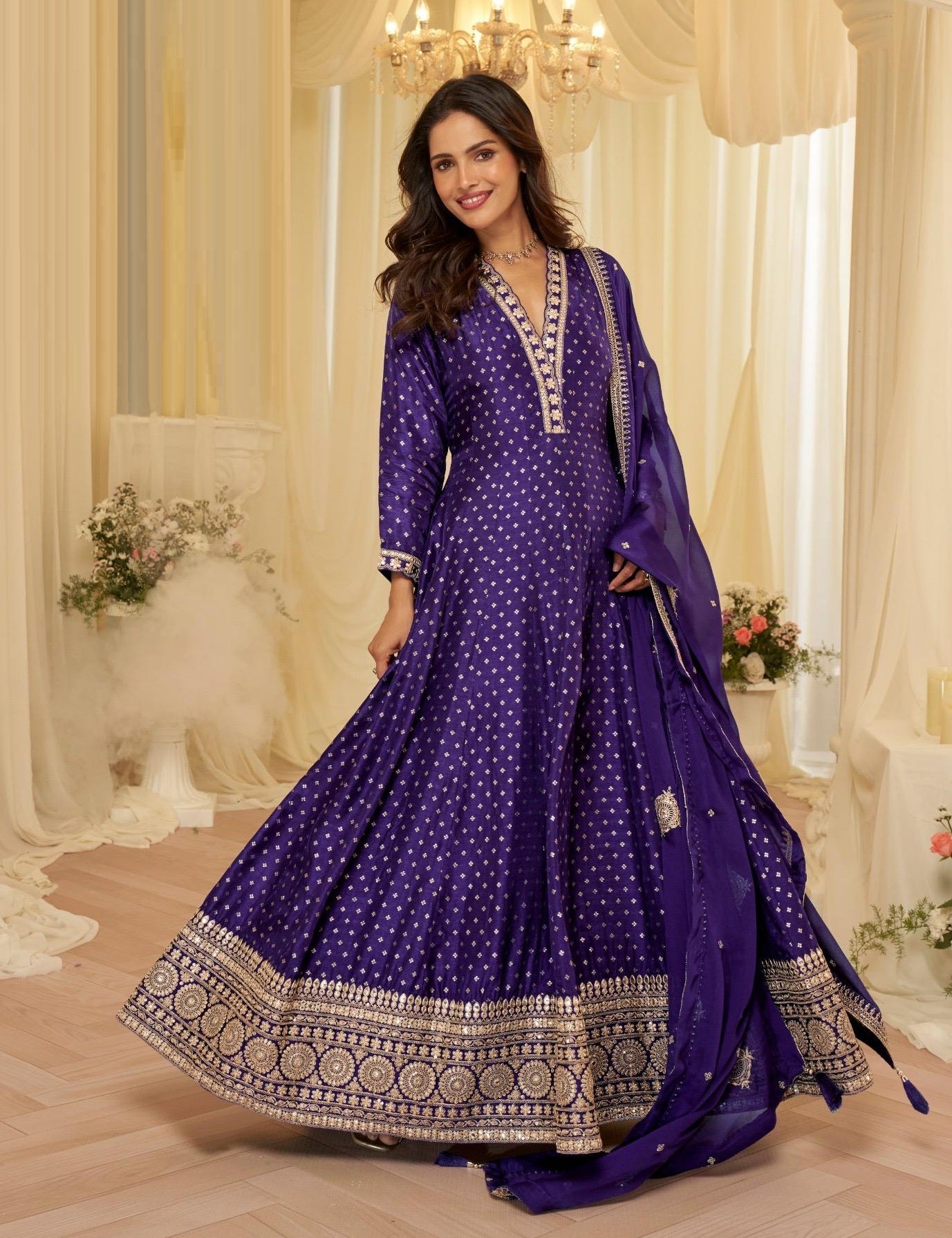 Anaita Purple Chinon Stitched Jacquard Anarkali Suit With Codding Dori & Sequence Work - Distacart