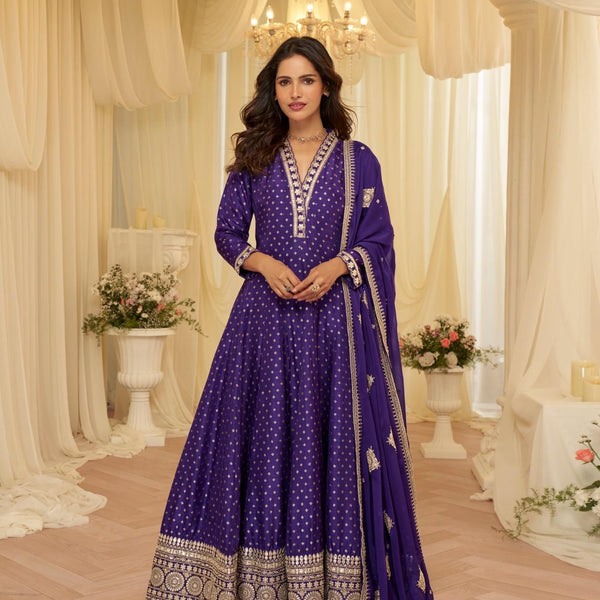 Anaita Purple Chinon Stitched Jacquard Anarkali Suit With Codding Dori & Sequence Work - Distacart