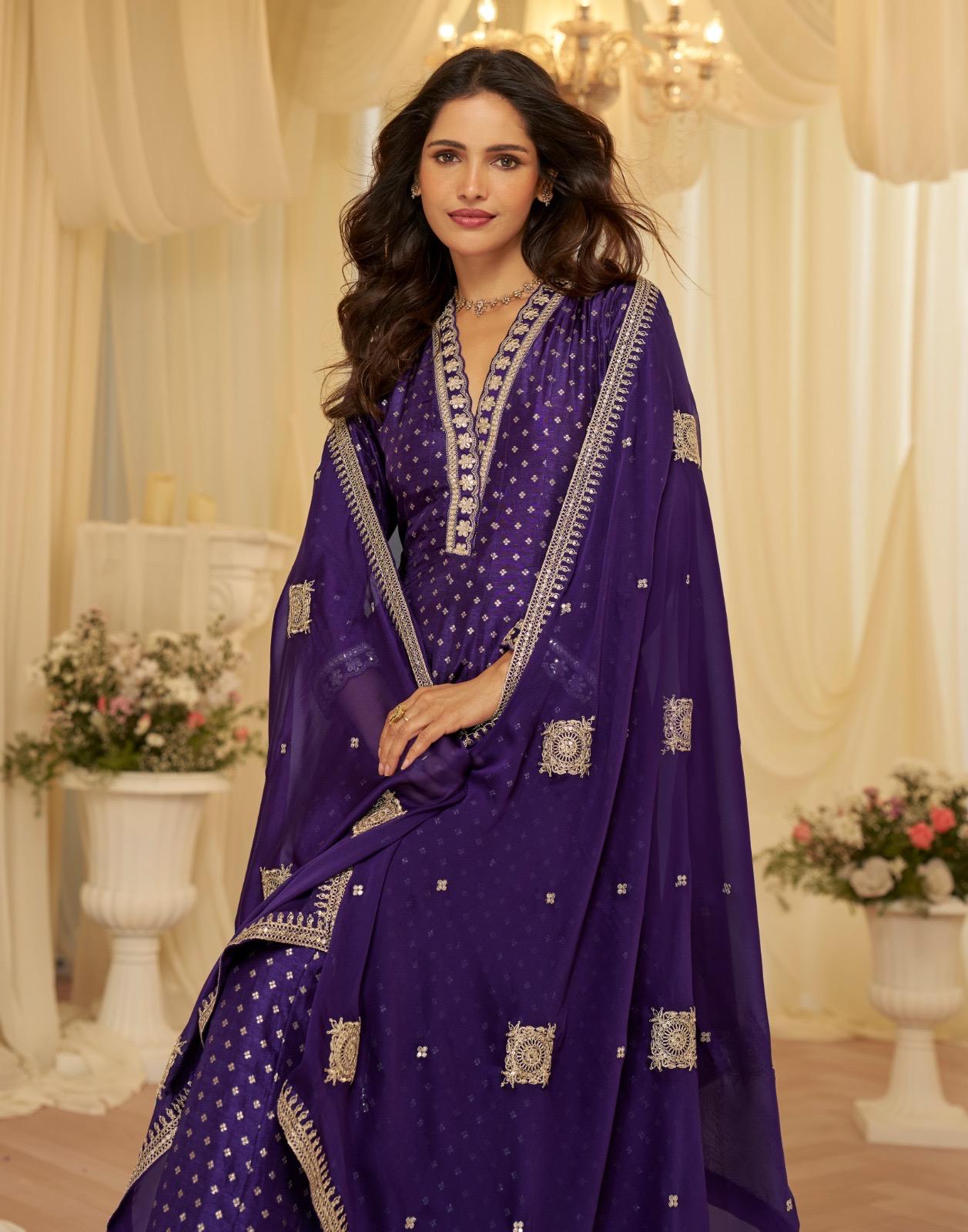 Anaita Purple Chinon Stitched Jacquard Anarkali Suit With Codding Dori & Sequence Work - Distacart