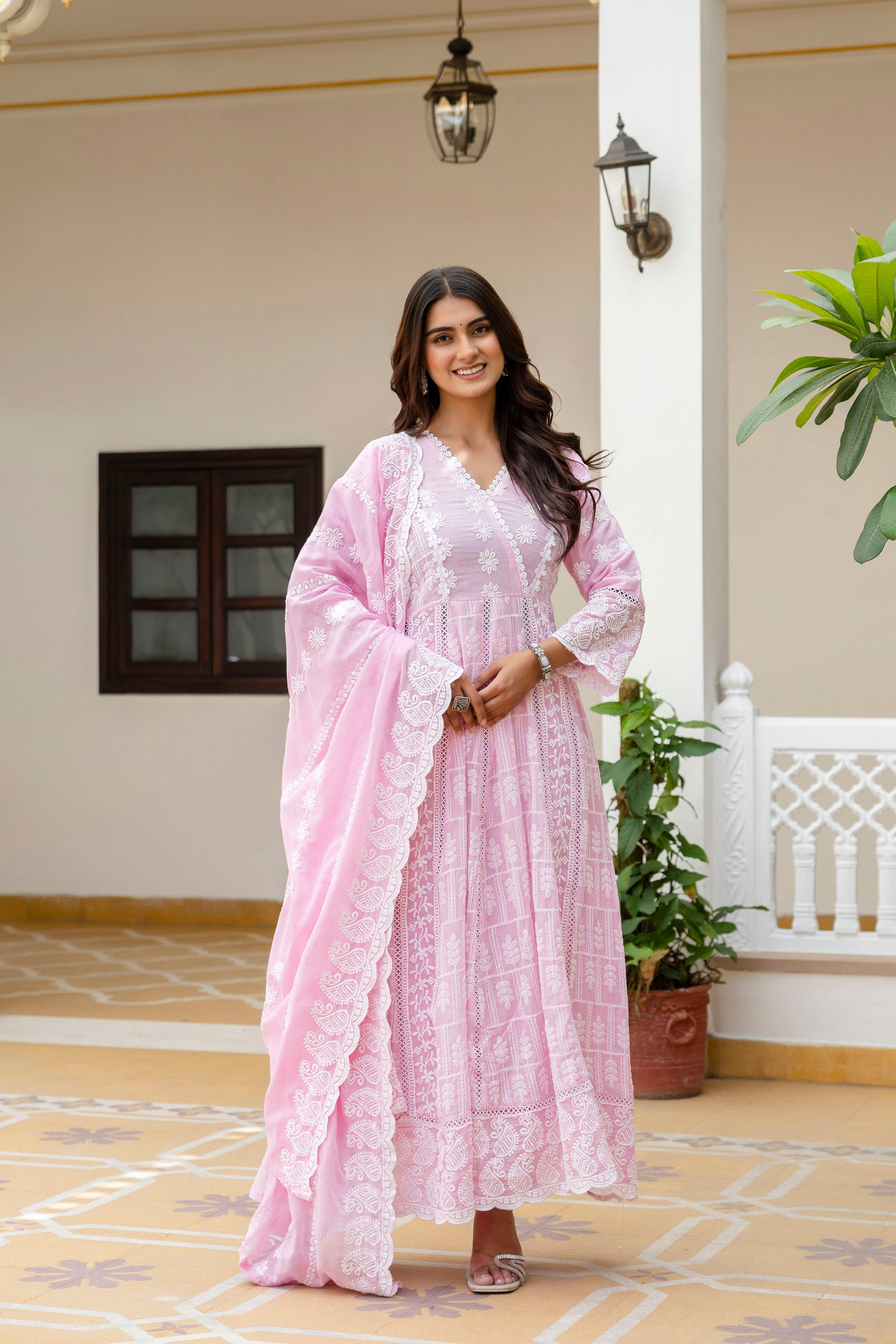 Lorenvalley Fashion Pink Mal Cotton Lakhnowi Work Gown Pant With Dupatta - Dista
