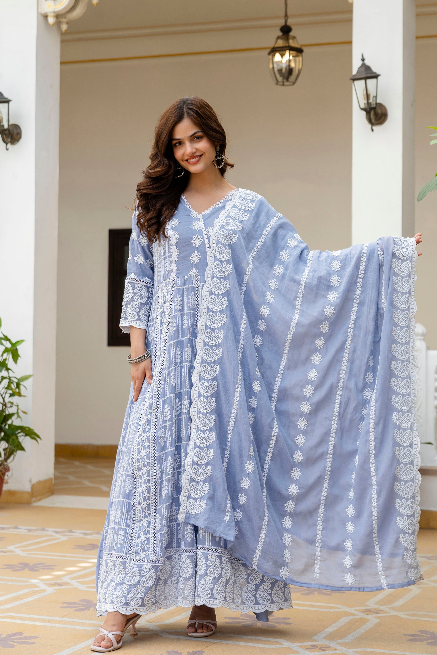 Lorenvalley Fashion Skyblue Mal Cotton Lakhnowi Work Gown Pant With Dupatta - Dista