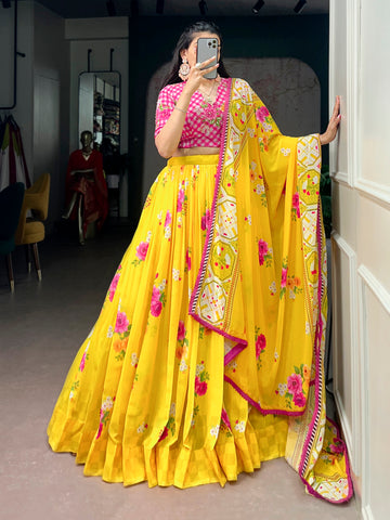 Lorenvalley Fashion Yellow Floral Georgette With Elegant Printed Lehenga Choli With Dupatta - Dista