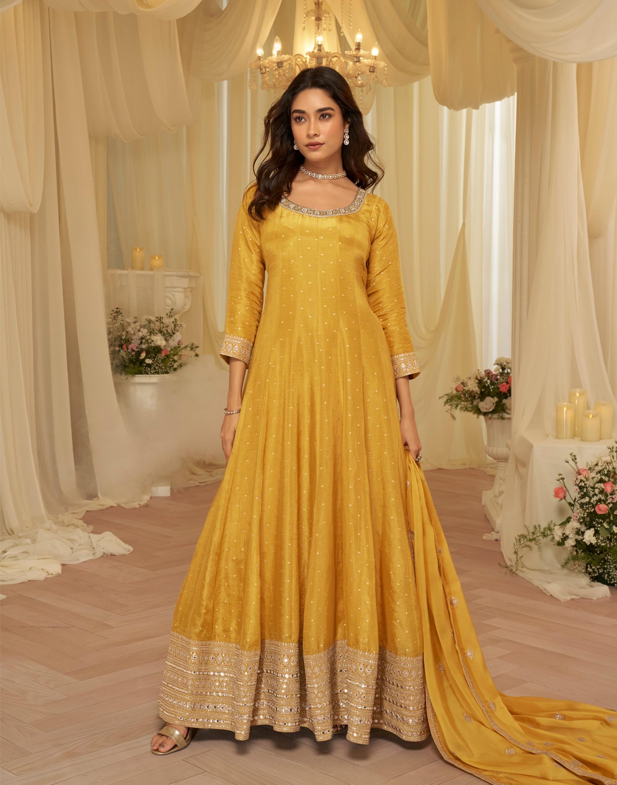 Anaita Yellow Chinon Stitched Jacquard Anarkali Suit With Codding Dori & Sequence Work - Distacart