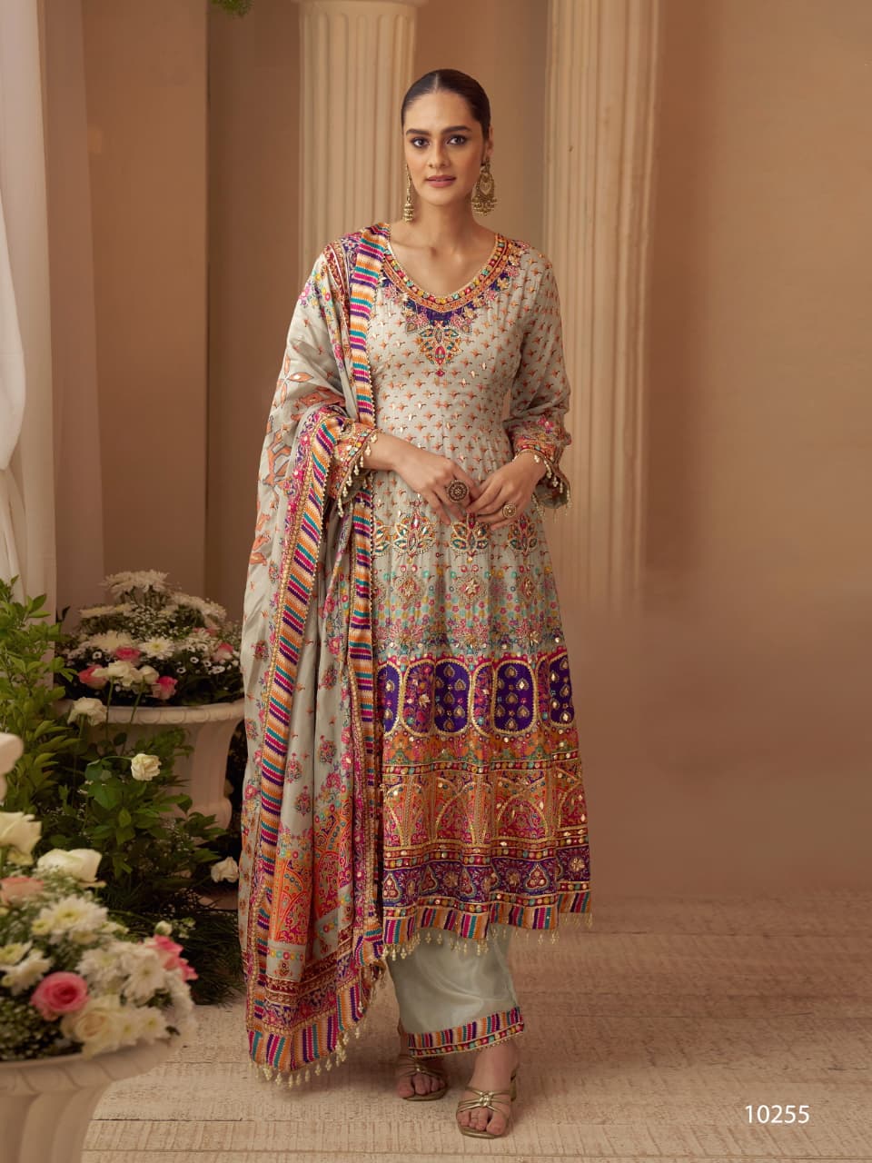 Anaita Beige Crepe Silk Stitched Suit with Digital Print & Zari Work - Dista