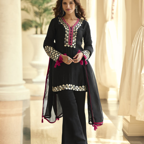 Evanik Black Vichitra Silk Real Mirror Embroidery Work Kurta Pant With Dupatta - Dista