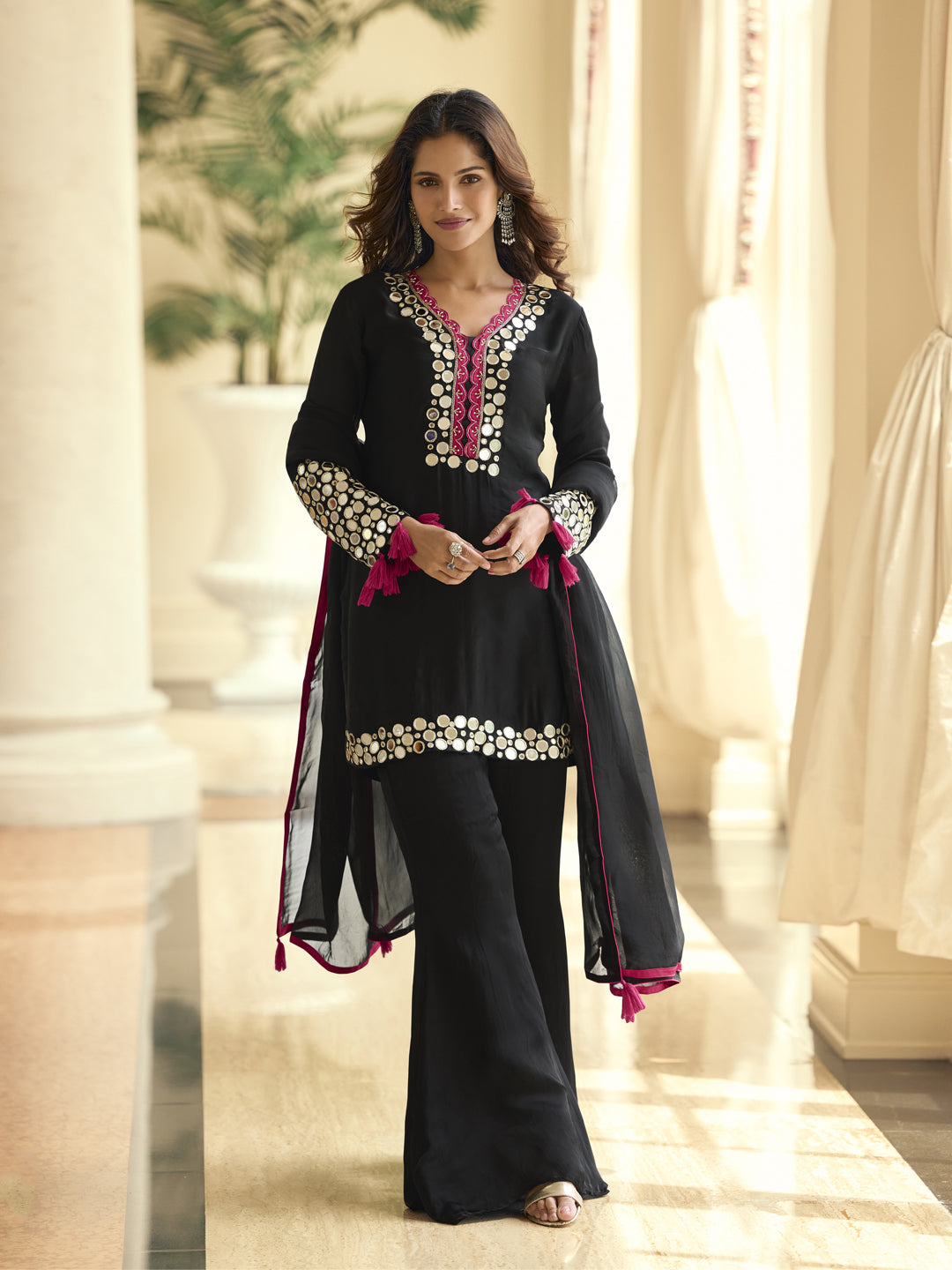 Evanik Black Vichitra Silk Real Mirror Embroidery Work Kurta Pant With Dupatta - Dista