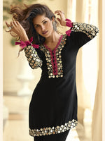 Thumbnail for Evanik Black Vichitra Silk Real Mirror Embroidery Work Kurta Pant With Dupatta - Dista