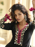 Thumbnail for Evanik Black Vichitra Silk Real Mirror Embroidery Work Kurta Pant With Dupatta - Dista