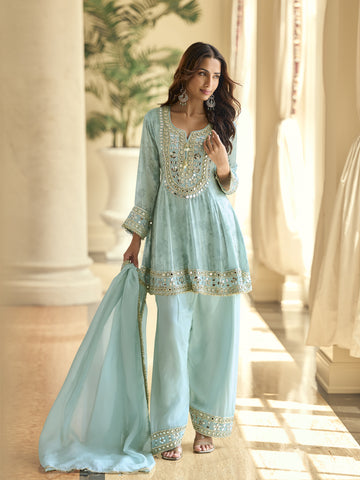 Evanik Skyblue Silk Real Mirror Embroidery Work Kurta Palazzo With Dupatta - Dista