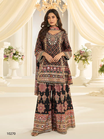 Anaita Black Crepe Silk Stitched Suit with Aari & Digital Print Work - Dista