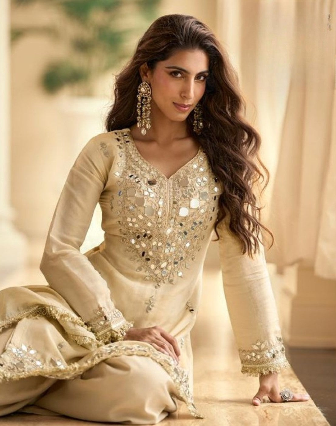Anaita Off White Vichitra Silk Readymade Suit with Real Mirror Hand Work - Dista