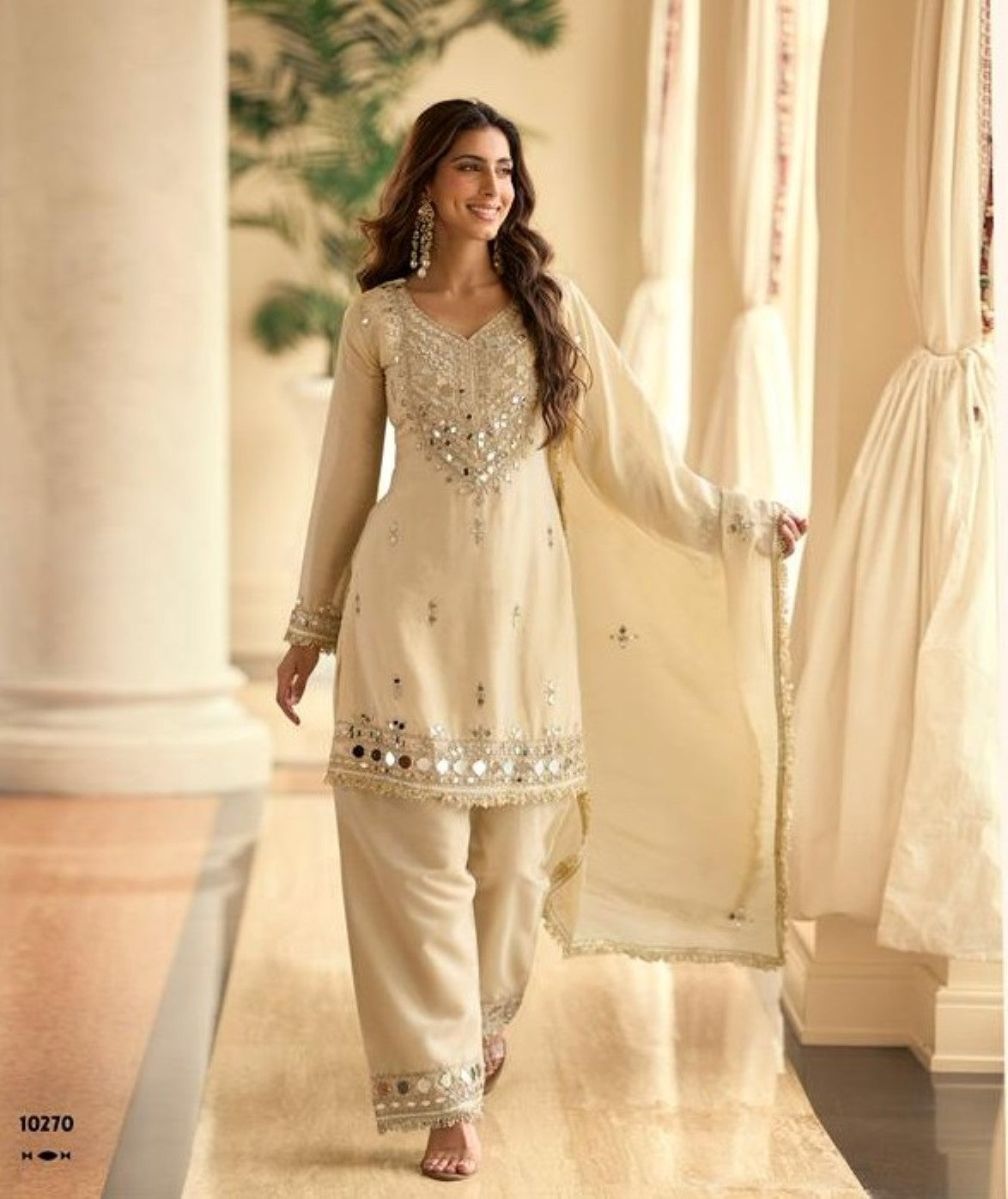 Anaita Off White Vichitra Silk Readymade Suit with Real Mirror Hand Work - Dista