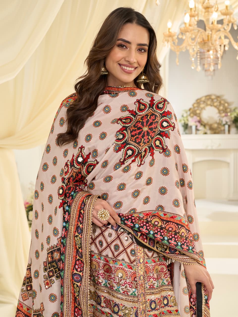 Anaita White Crepe Silk Stitched Suit with Aari & Digital Print Work - Dista