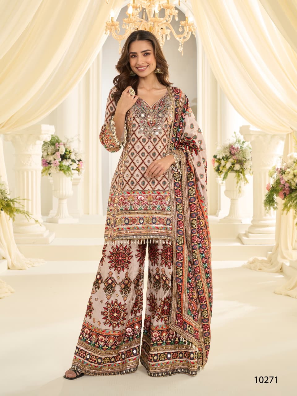 Anaita White Crepe Silk Stitched Suit with Aari & Digital Print Work - Dista