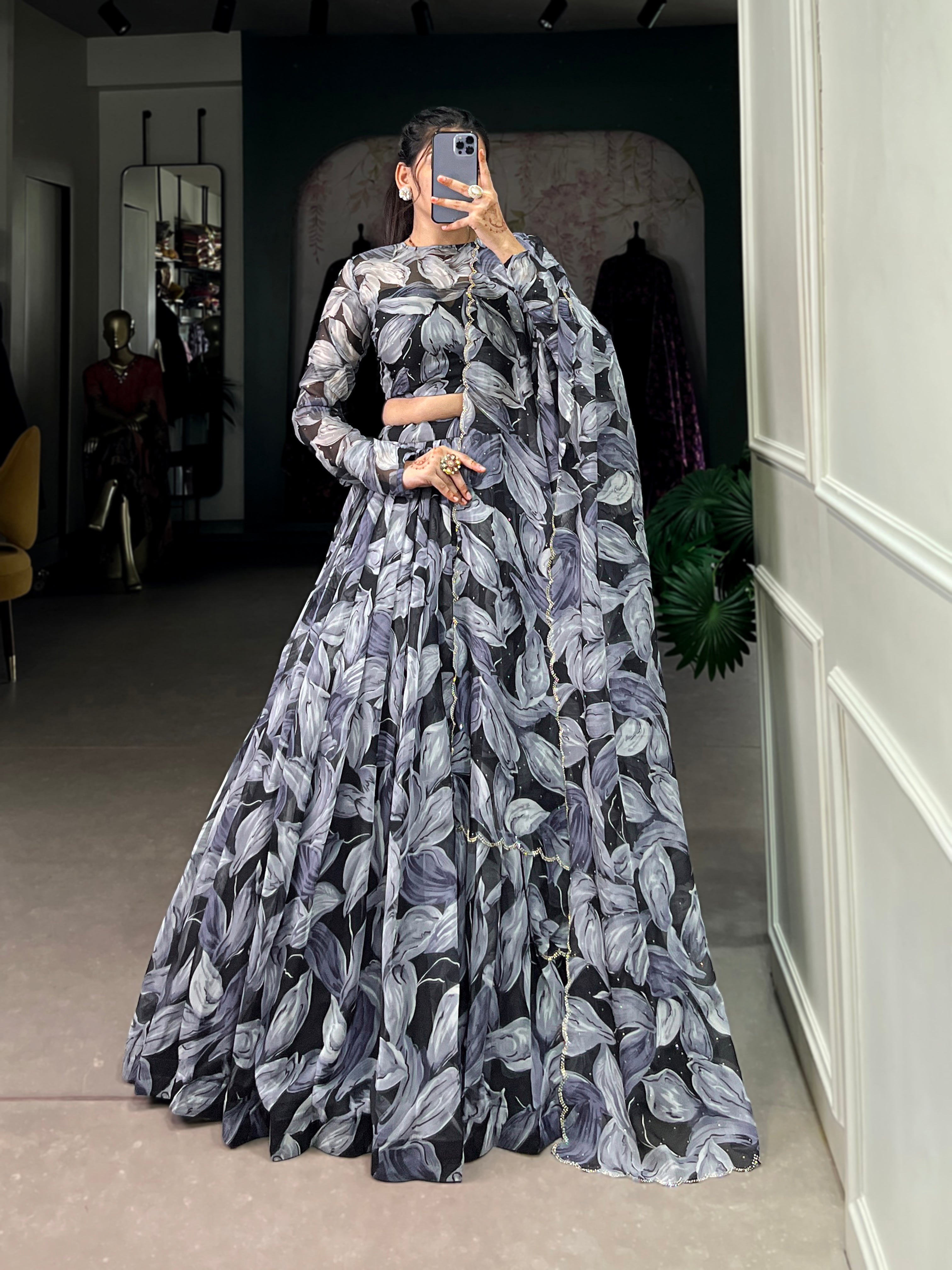 Lorenvalley Black Tabby Silk Printed with Hotfix Lehenga Choli with Dupatta - Distacart