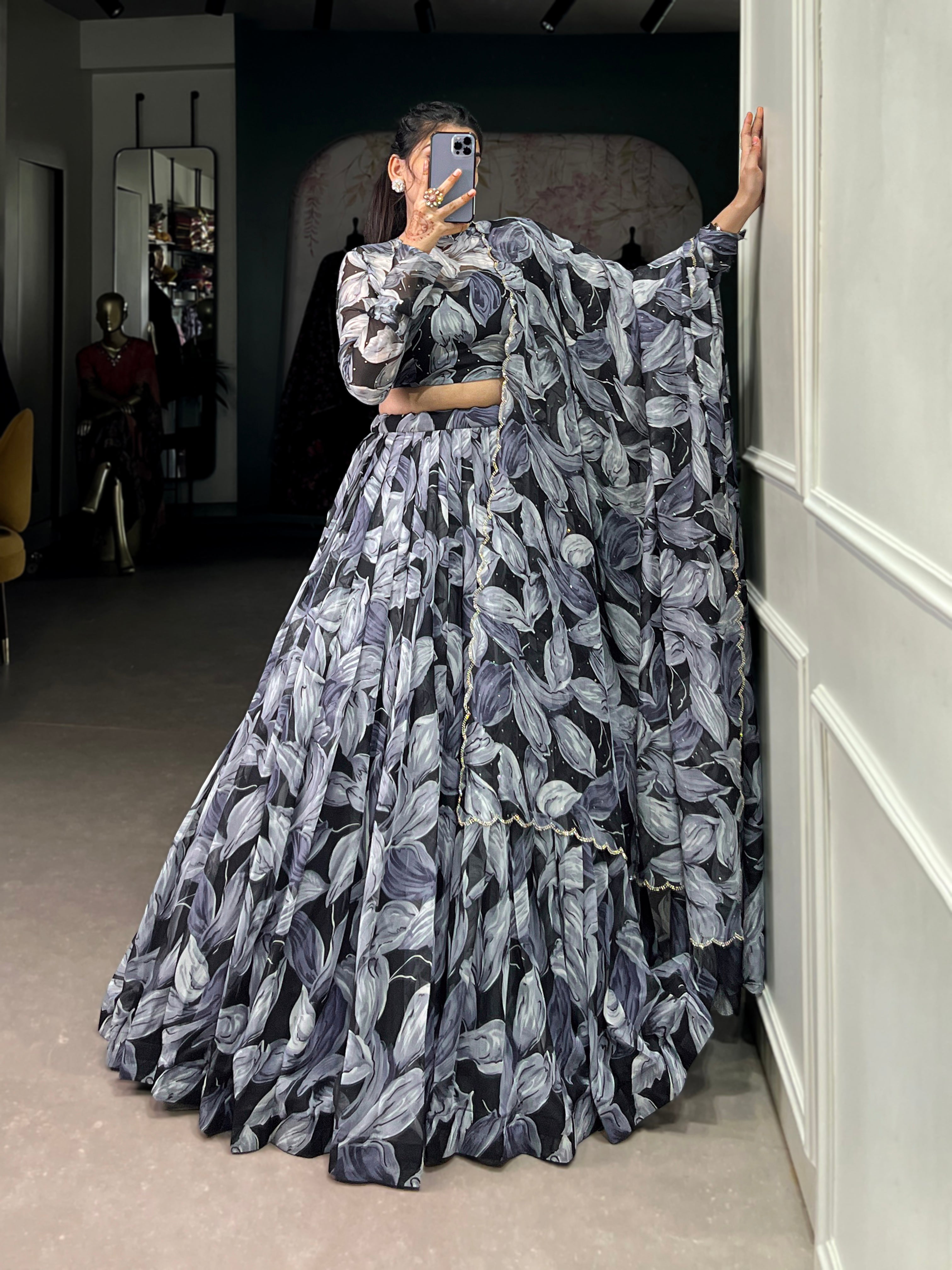 Lorenvalley Black Tabby Silk Printed with Hotfix Lehenga Choli with Dupatta - Distacart